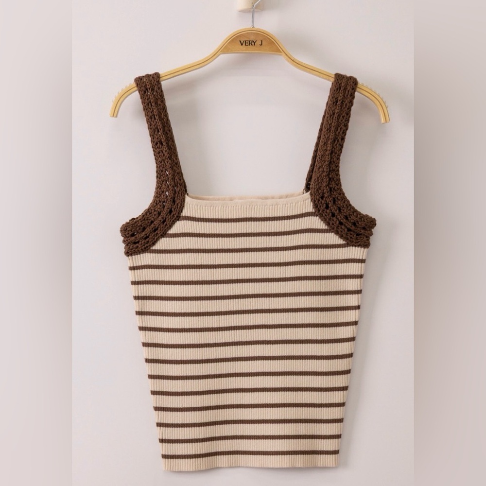 NWT Very J Crochet Strap Sleeve Knit Striped Tank Top Shirt Chocolate Brown - Picture 4 of 7